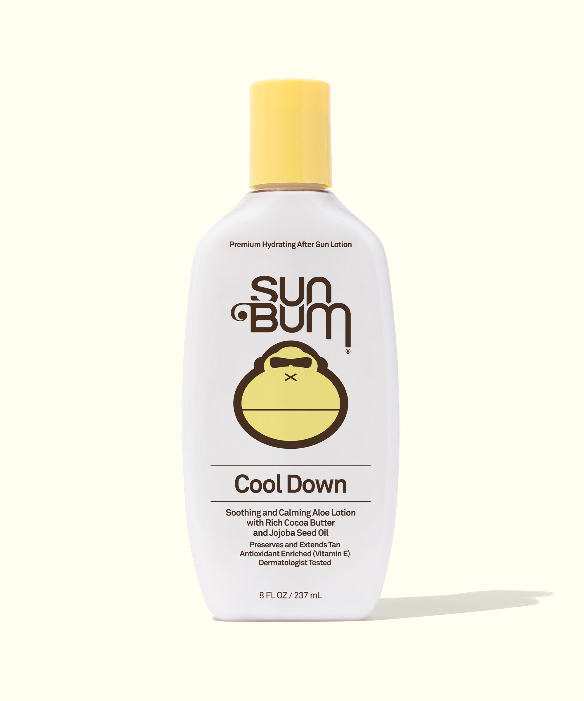 Bottle of Sun Bum After Sun Cool Down Lotion with a yellow cap and label featuring the brand logo and product information.