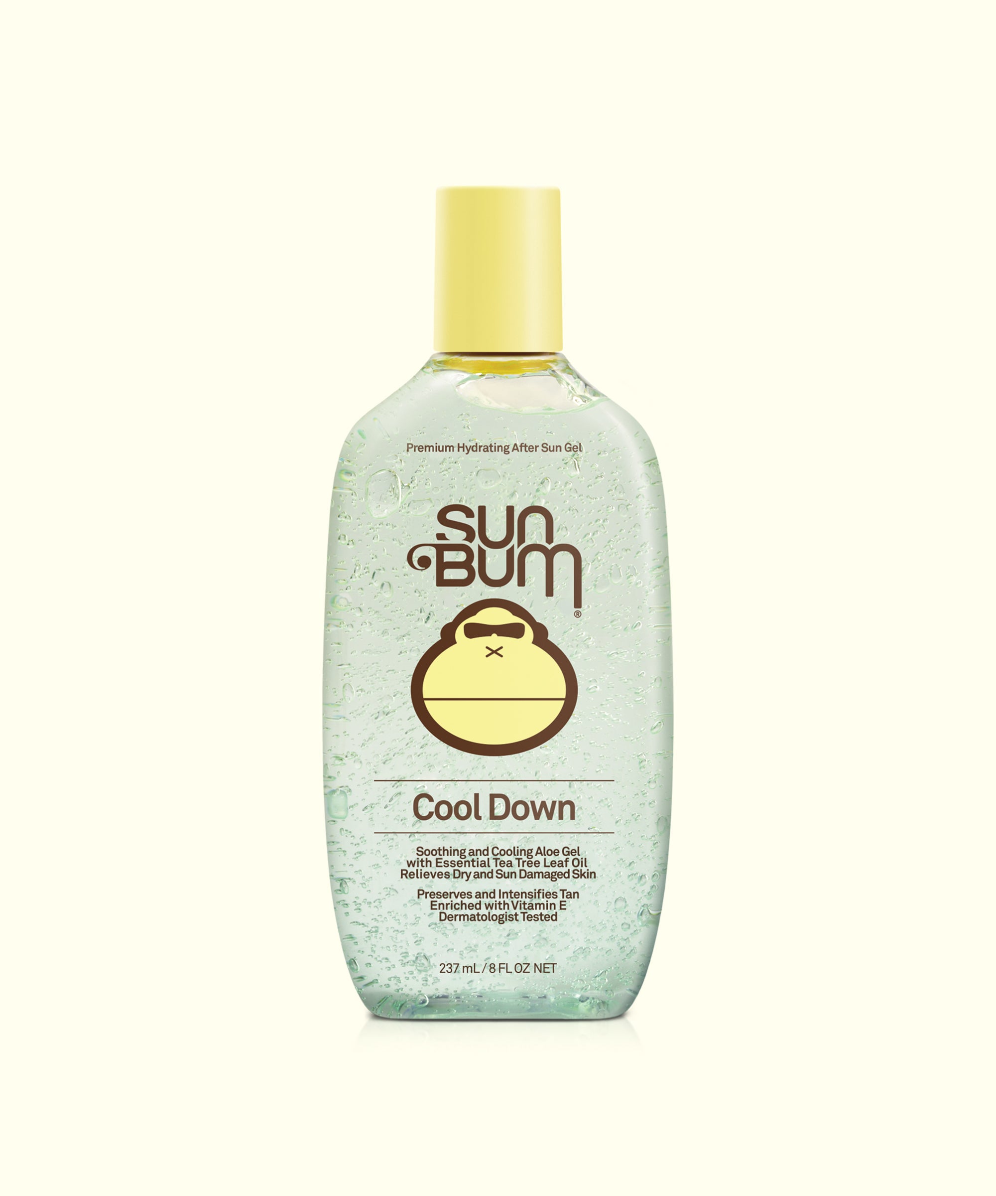 A bottle of Sun Bum After Sun Cool Down Gel with a yellow cap and a label featuring the brand logo and product name.