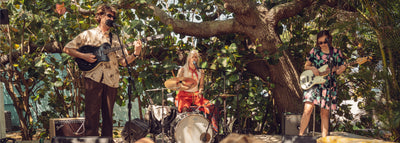 Band performing outdoors under a large tree with audience members enjoying the music.
