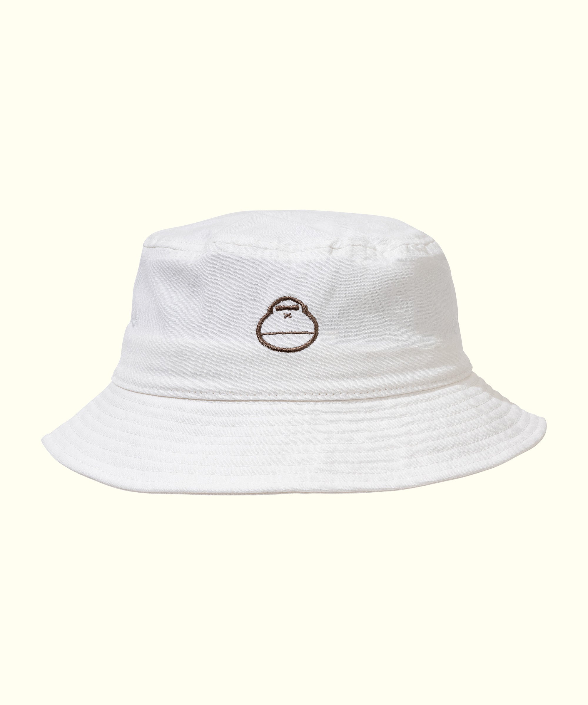 White bucket hat with a logo on a white background