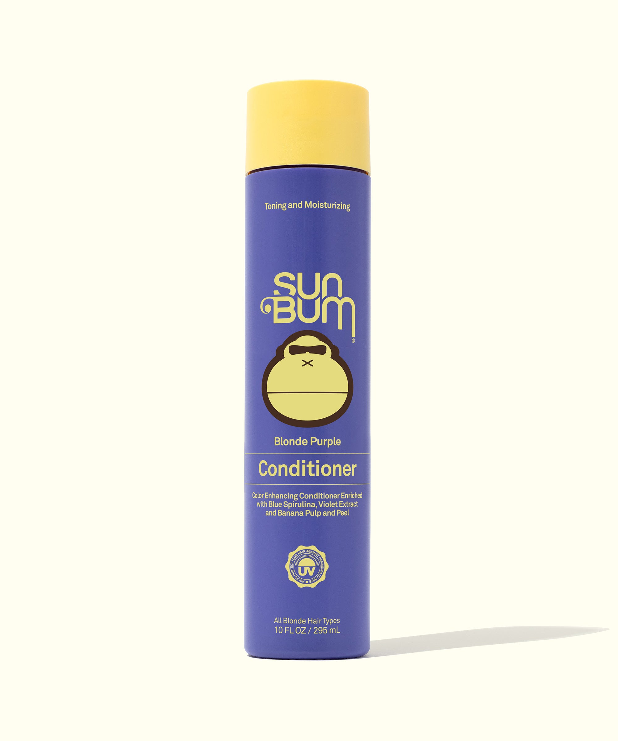 A bottle of Sun Bum Blonde Purple Conditioner with a yellow cap and blue label featuring the brand logo and text.