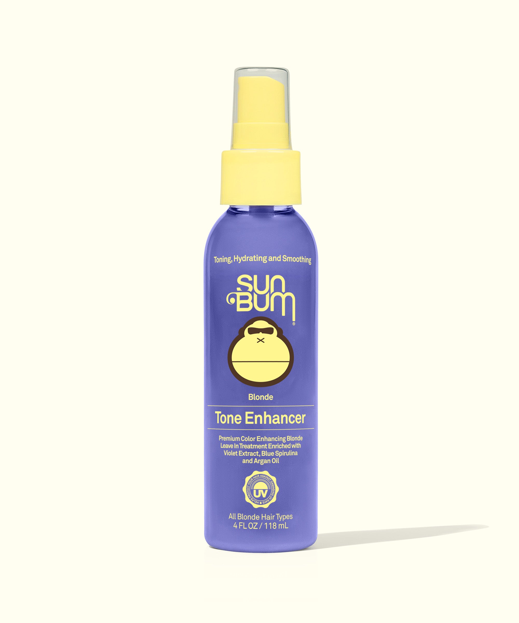 A bottle of Sun Bum Blonde Tone Enhancer leave-in hair treatment with a yellow cap and a label featuring the Sun Bum logo.