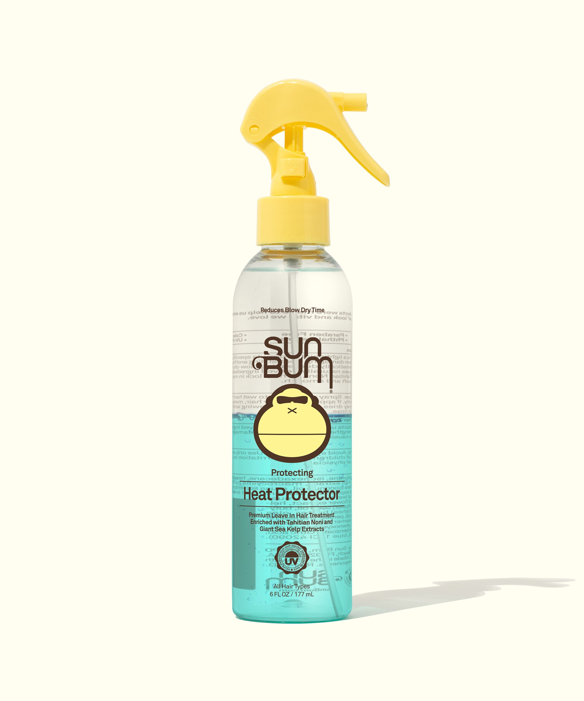 A bottle of Sun Bum Heat Protector spray with a yellow spray nozzle on a white background.