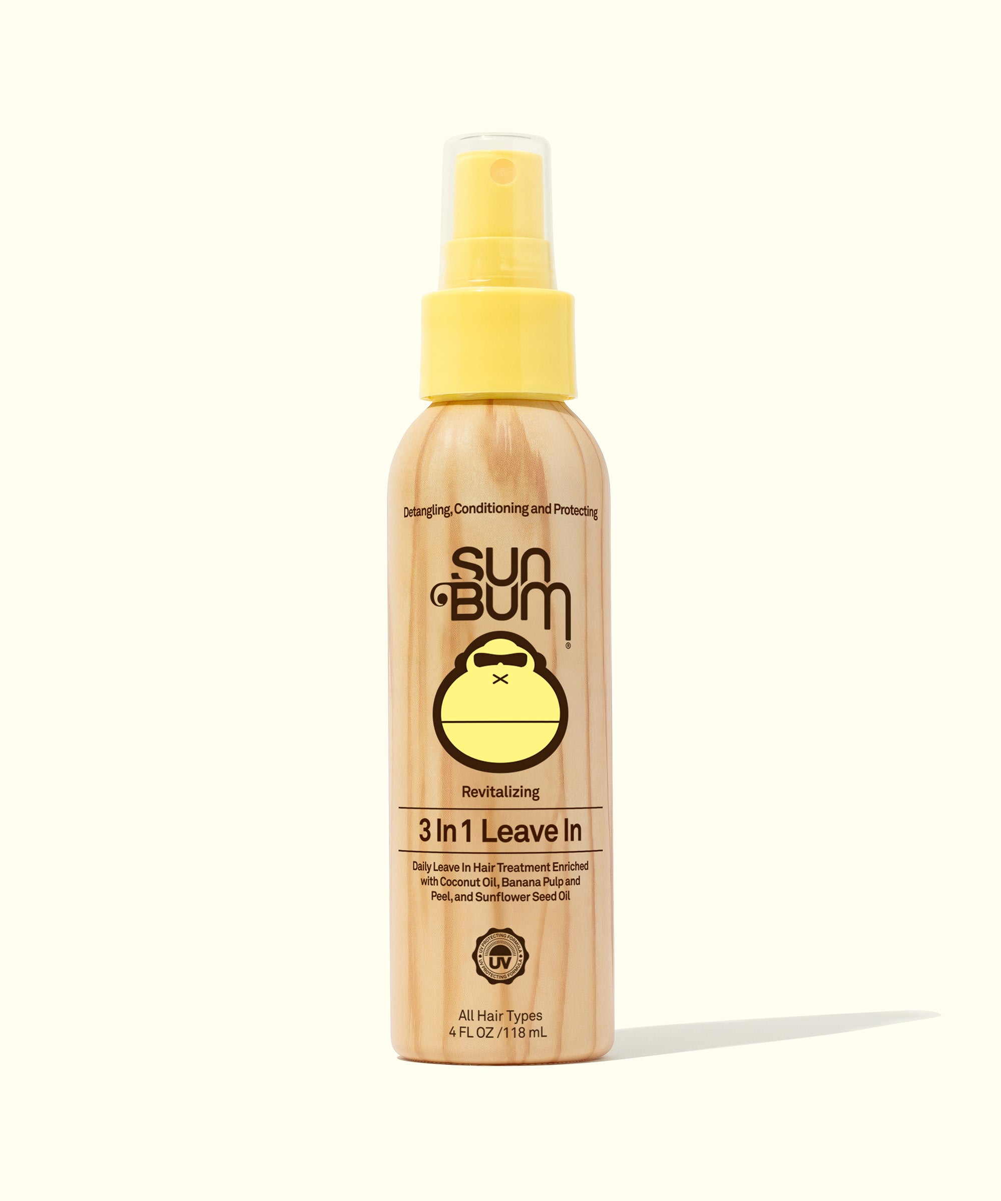 A bottle of Sun Bum 3 in 1 Leave In hair care product with a spray nozzle, indicating its use for hair detangling, conditioning, and protection.