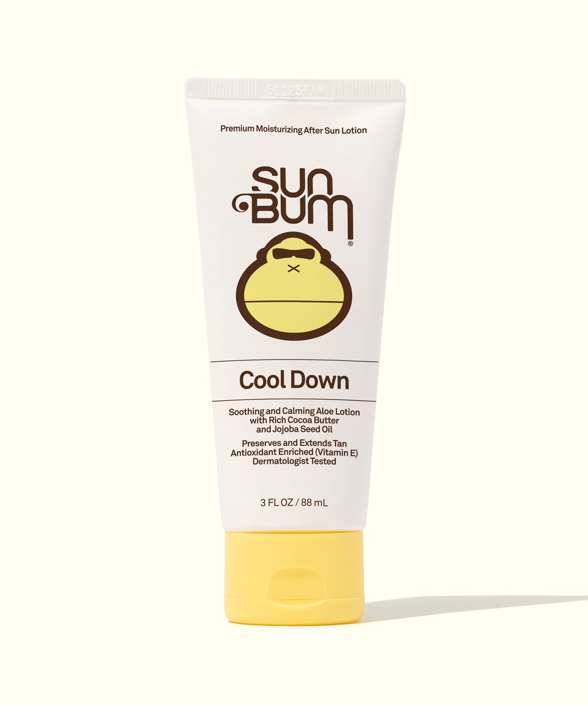 Bottle of Sun Bum After Sun Cool Down Lotion with a yellow cap and label featuring the brand logo and product information.