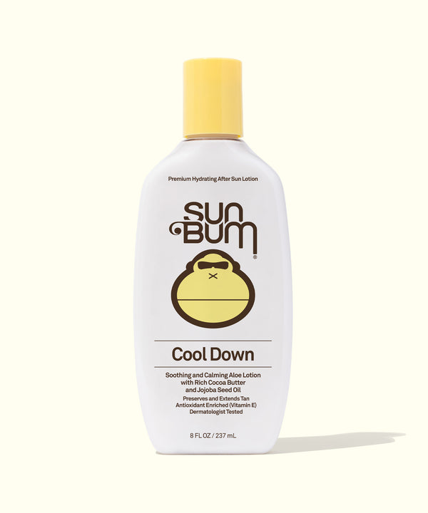 Bottle of Sun Bum After Sun Cool Down Lotion with a yellow cap and label featuring the brand logo and product information.