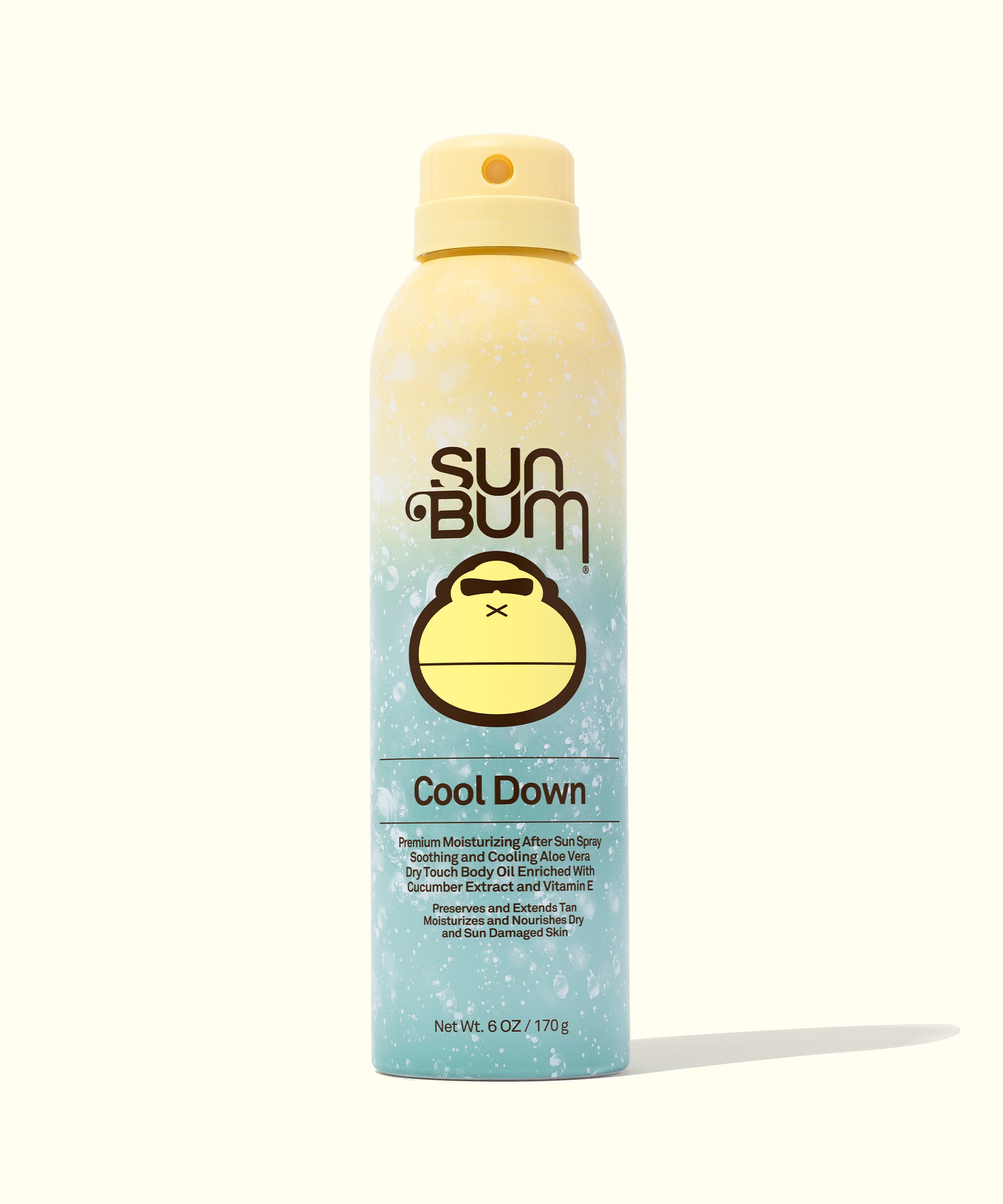 A bottle of Sun Bum After Sun Cool Down Spray with a blue label and yellow cap.