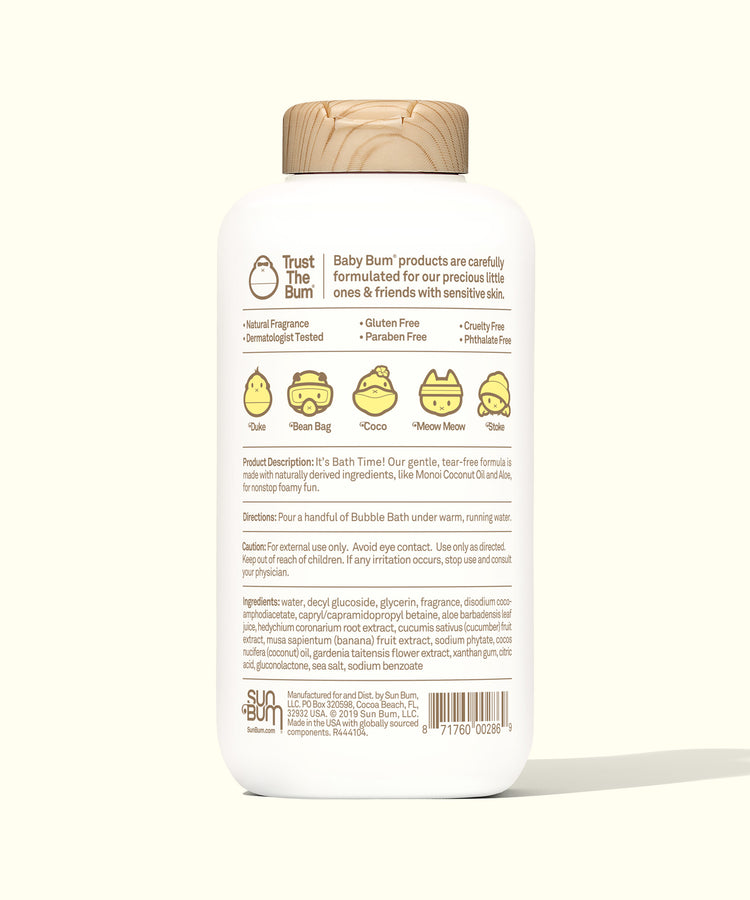 Back view of Baby Bum Bubble Bath bottle with natural ingredients and product information, Baby Bum.
