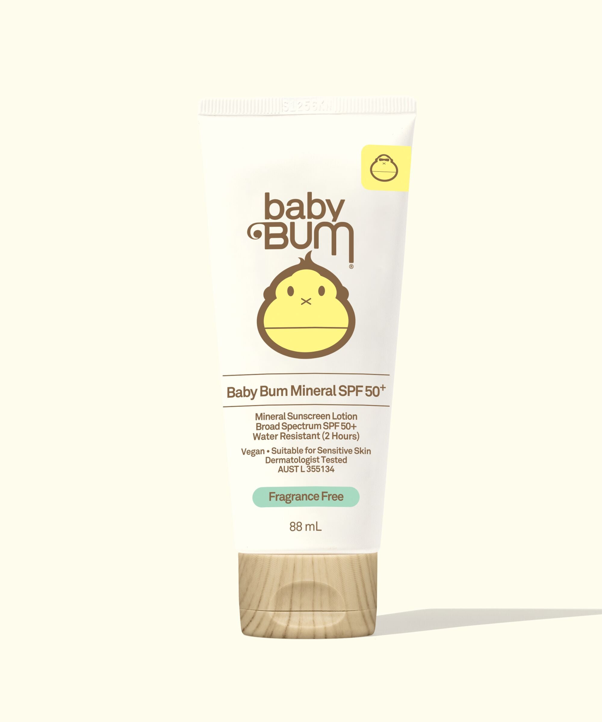 A tube of Baby Bum Mineral SPF 50 Sunscreen Lotion with a white background. The lotion tube is primarily white with a yellow cap and footprints pattern.