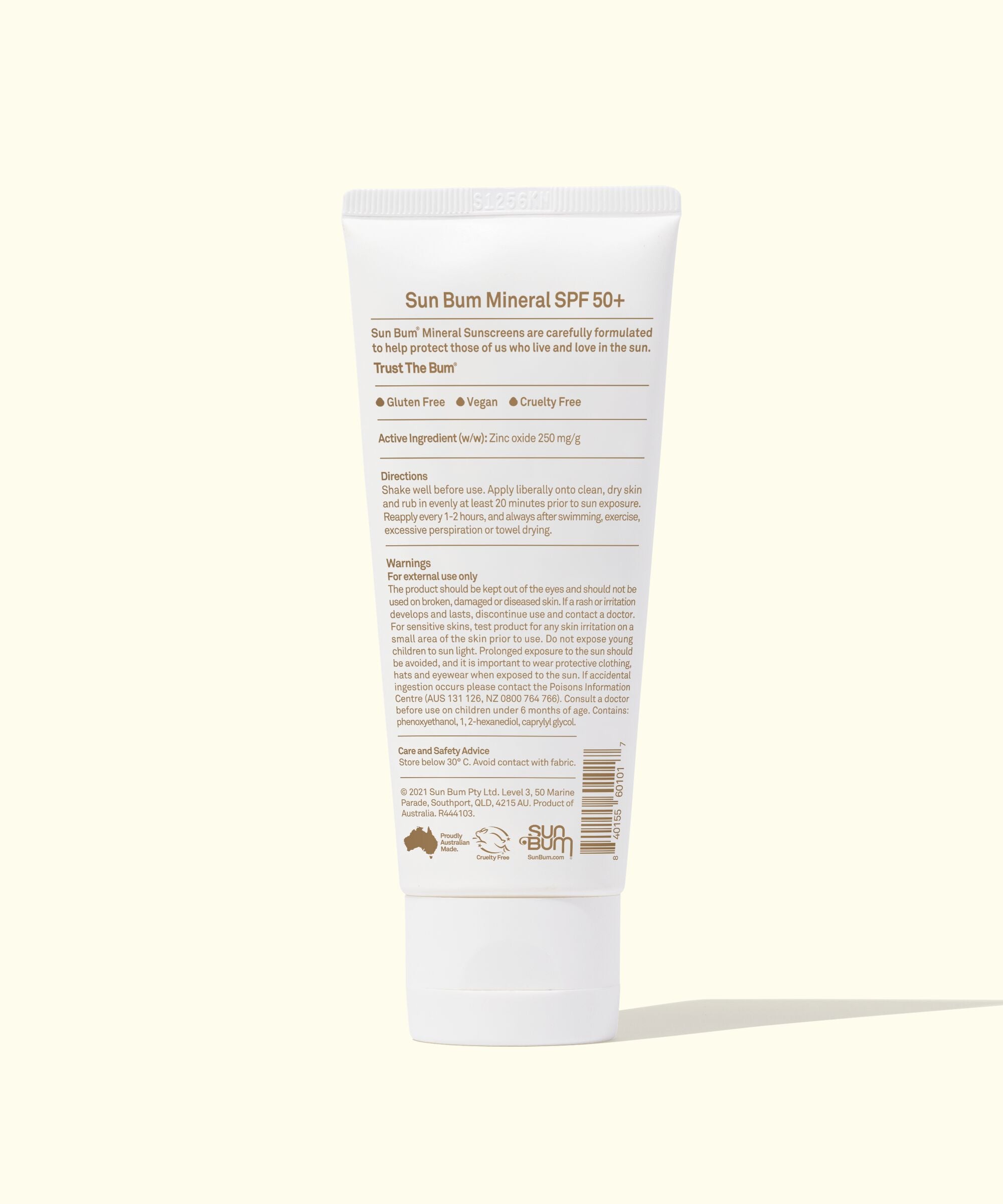 Back view of Mineral SPF 50 Sunscreen Lotion showing detailed product and usage information, by Sun Bum.
