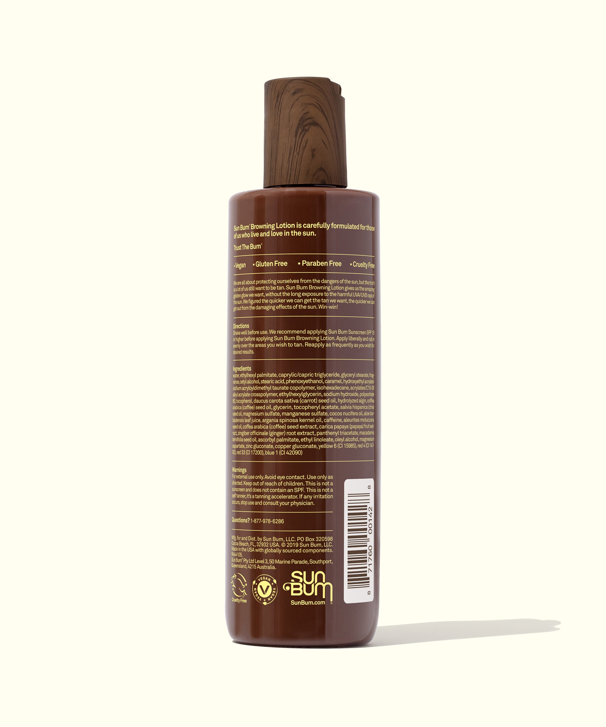 Brown bottle of Browning Lotion with wooden cap, designed to accelerate tanning; recommended to use with SPF 15 or higher sunscreen for skin protection. Sun Bum