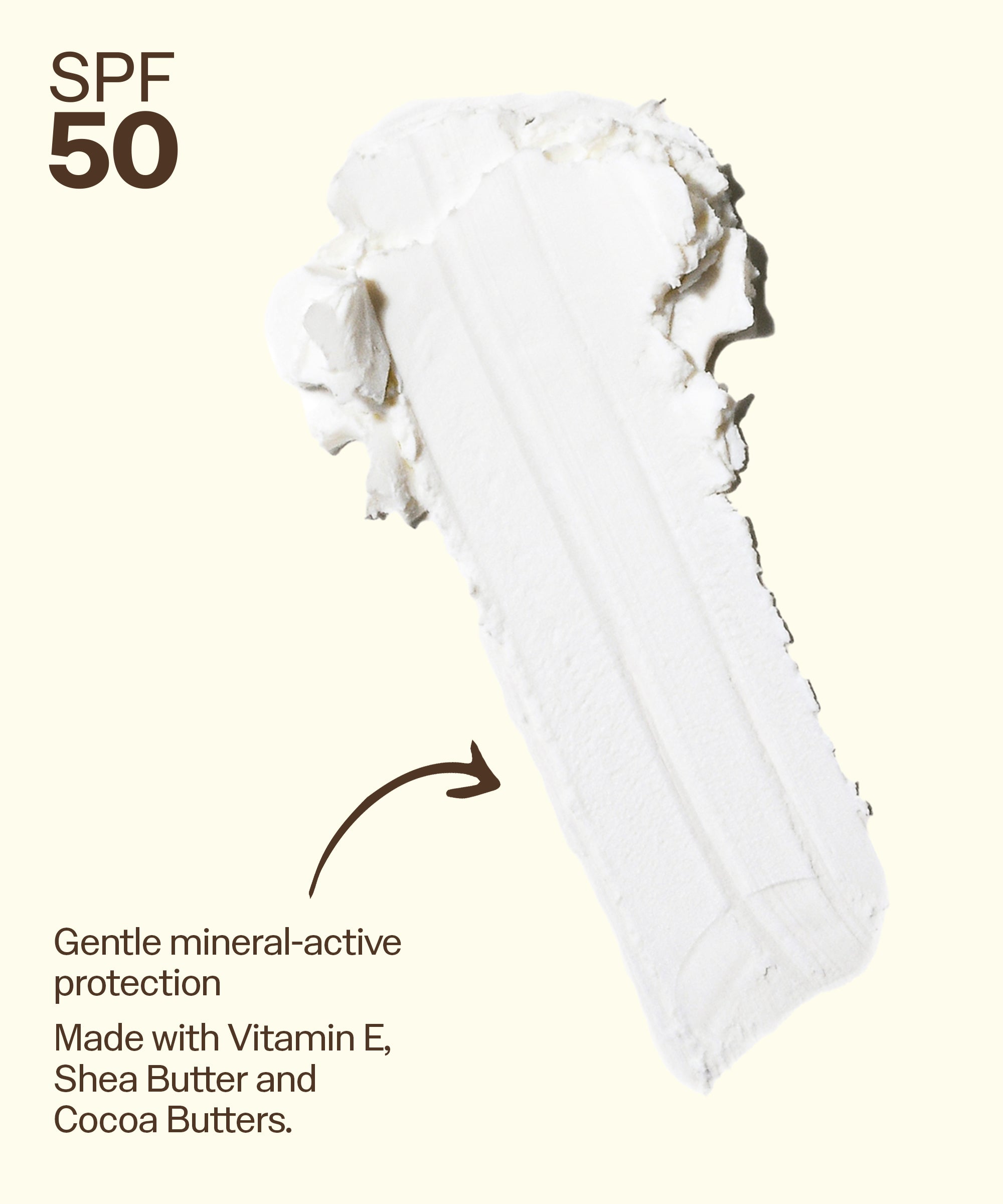 White face mask with SPF 50 text and ingredients listed on a beige background