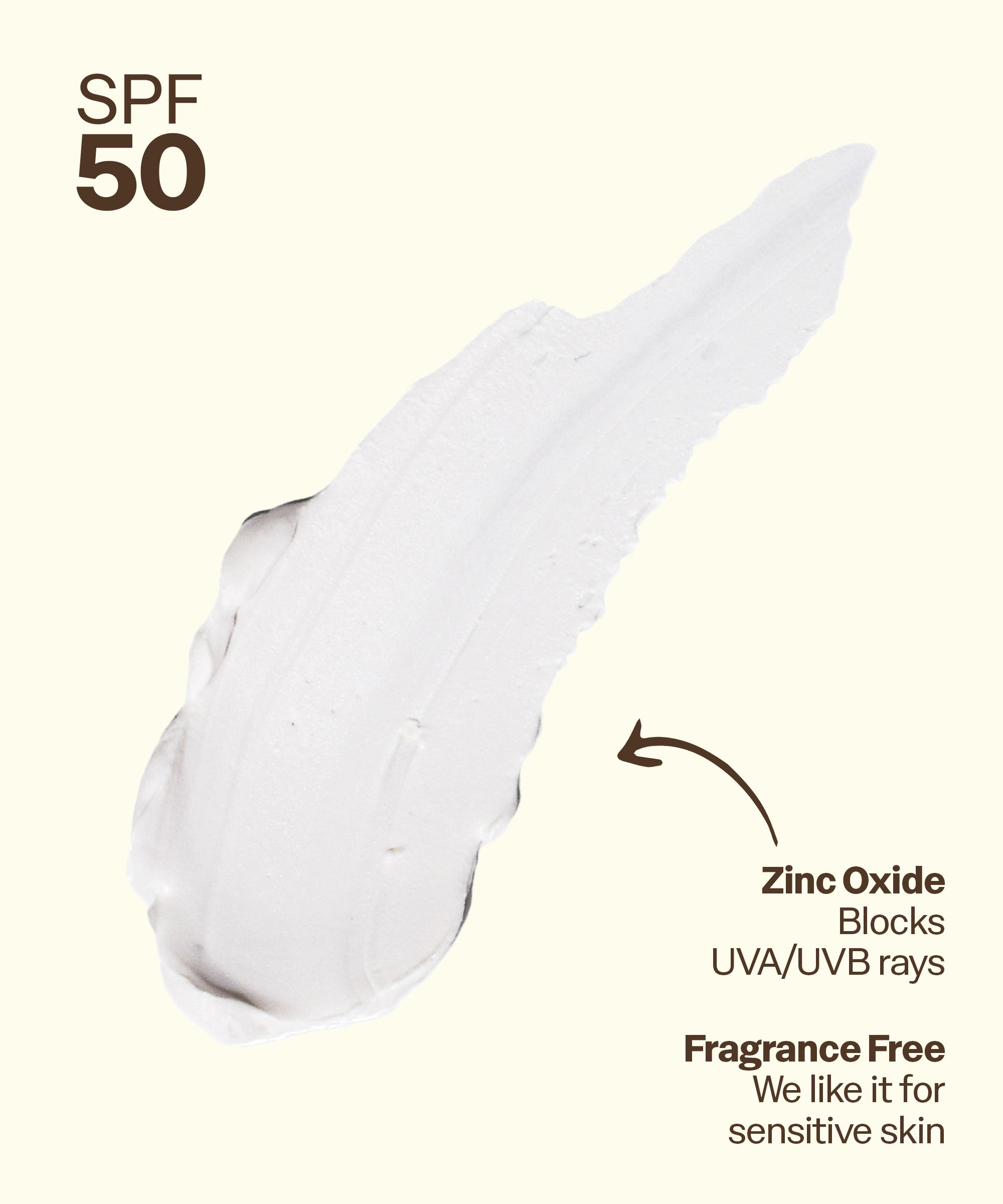Spf 50 sunscreen with zinc oxide, labeled as fragrance-free for sensitive skin.