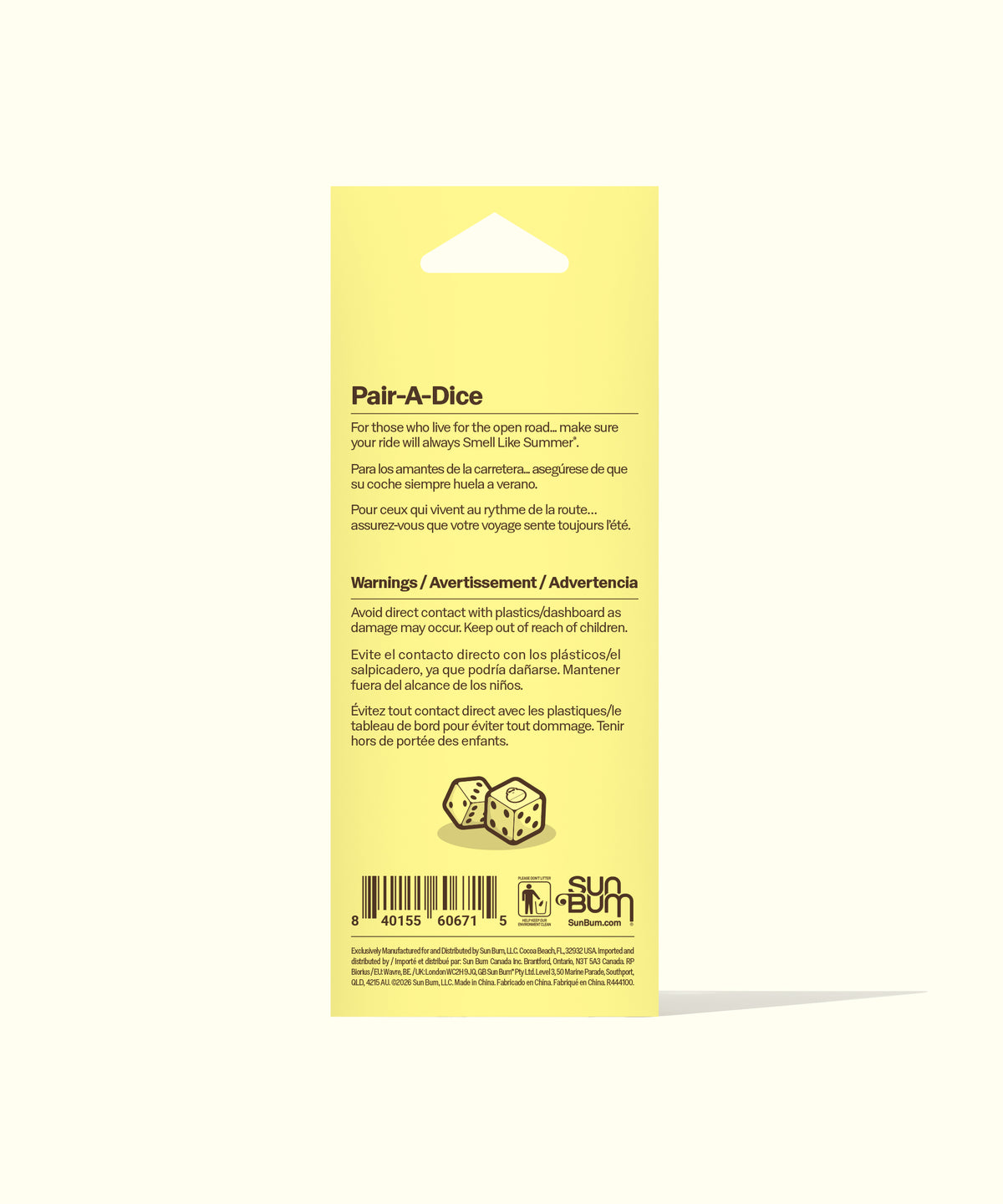 Yellow packaging for 'Pair-A-Dice' with text and a barcode on a white background
