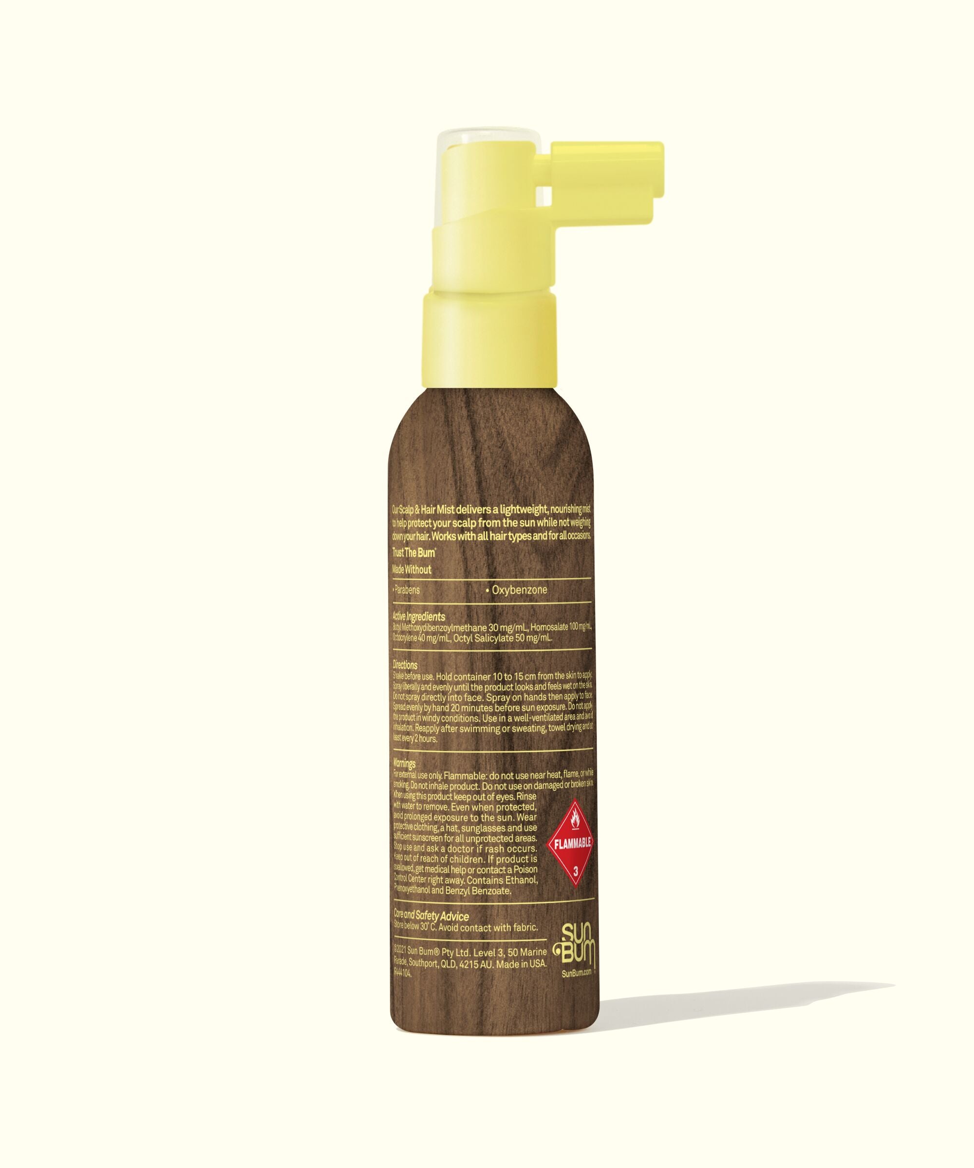 Scalp & Hair Mist SPF 30 with yellow spray cap and detailed product information on the back, Sun Bum.