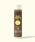 Sun Bum sunscreen lip balm tube with coconut flavor and SPF 15 on a white background