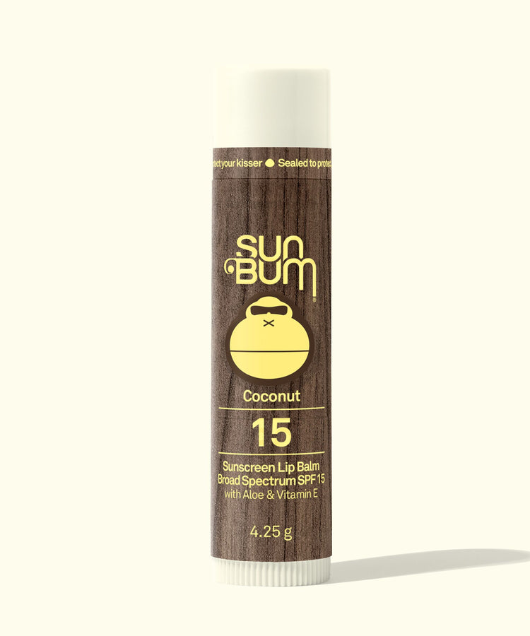 Sun Bum sunscreen lip balm tube with coconut flavor and SPF 15 on a white background