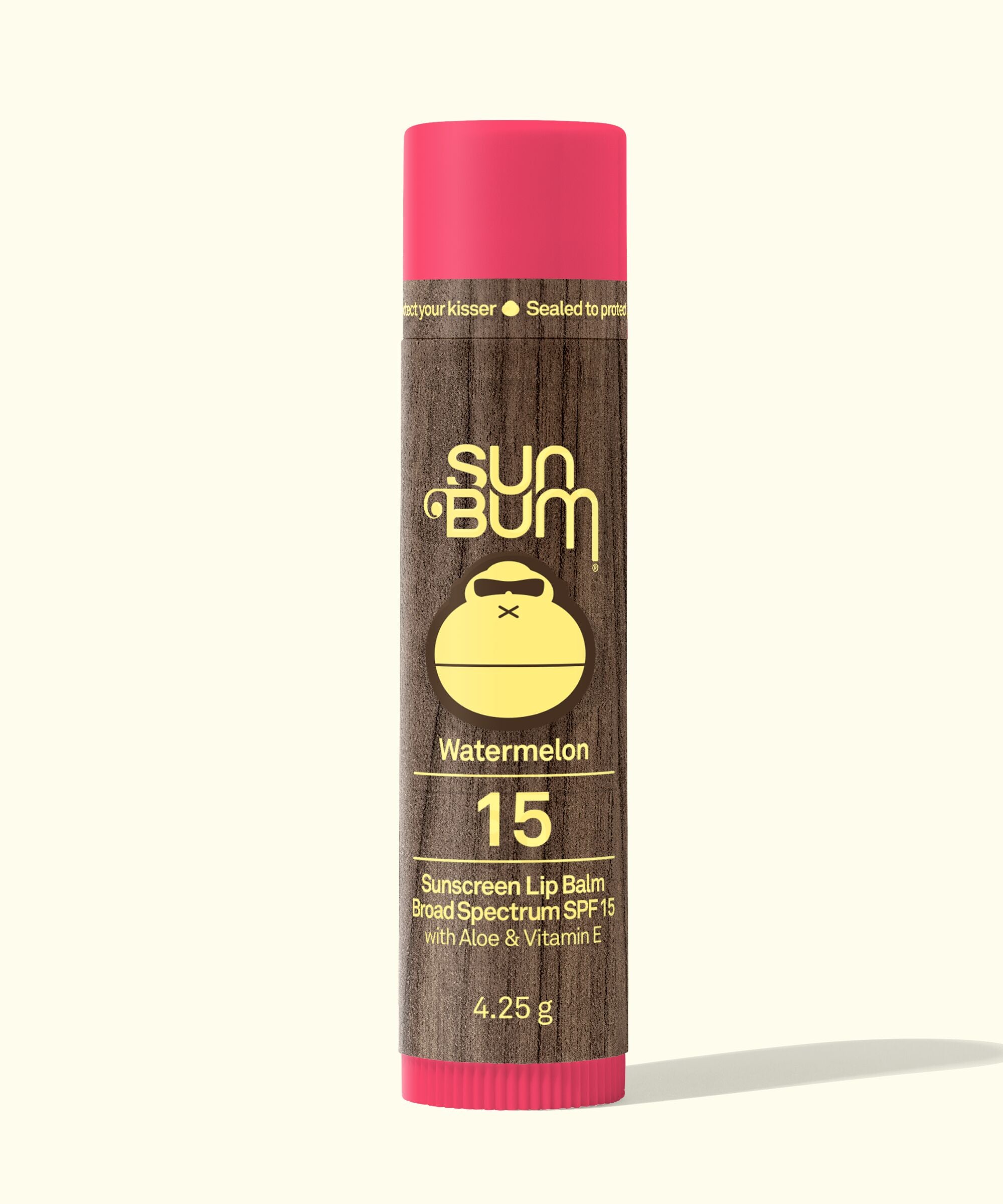 Sun Bum suncreen lip balm with watermelon flavor on a white background
