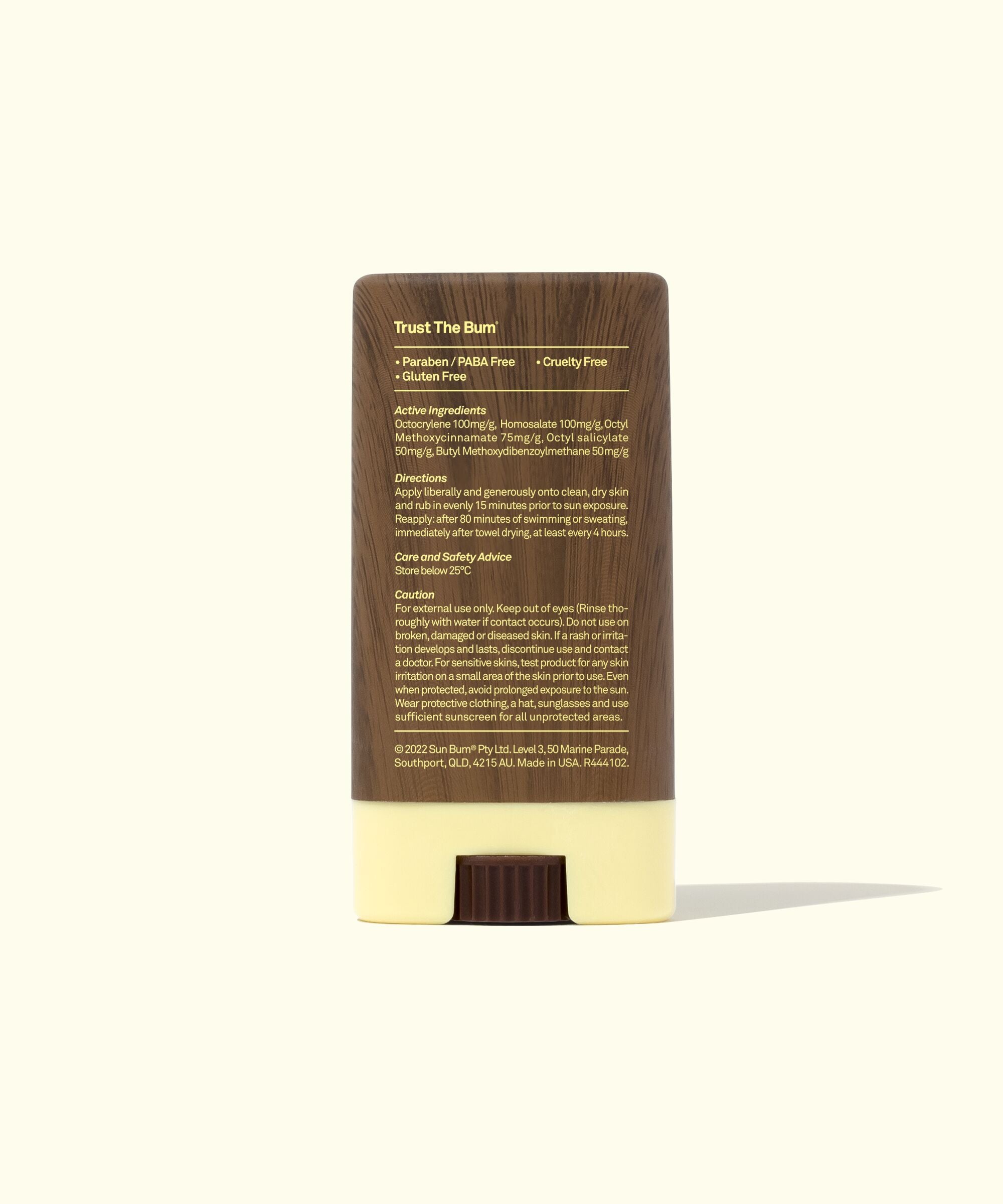 Back view of the Original SPF 30 Sunscreen Face Stick showing product details, compact design, and sleek packaging. Sun Bum.
