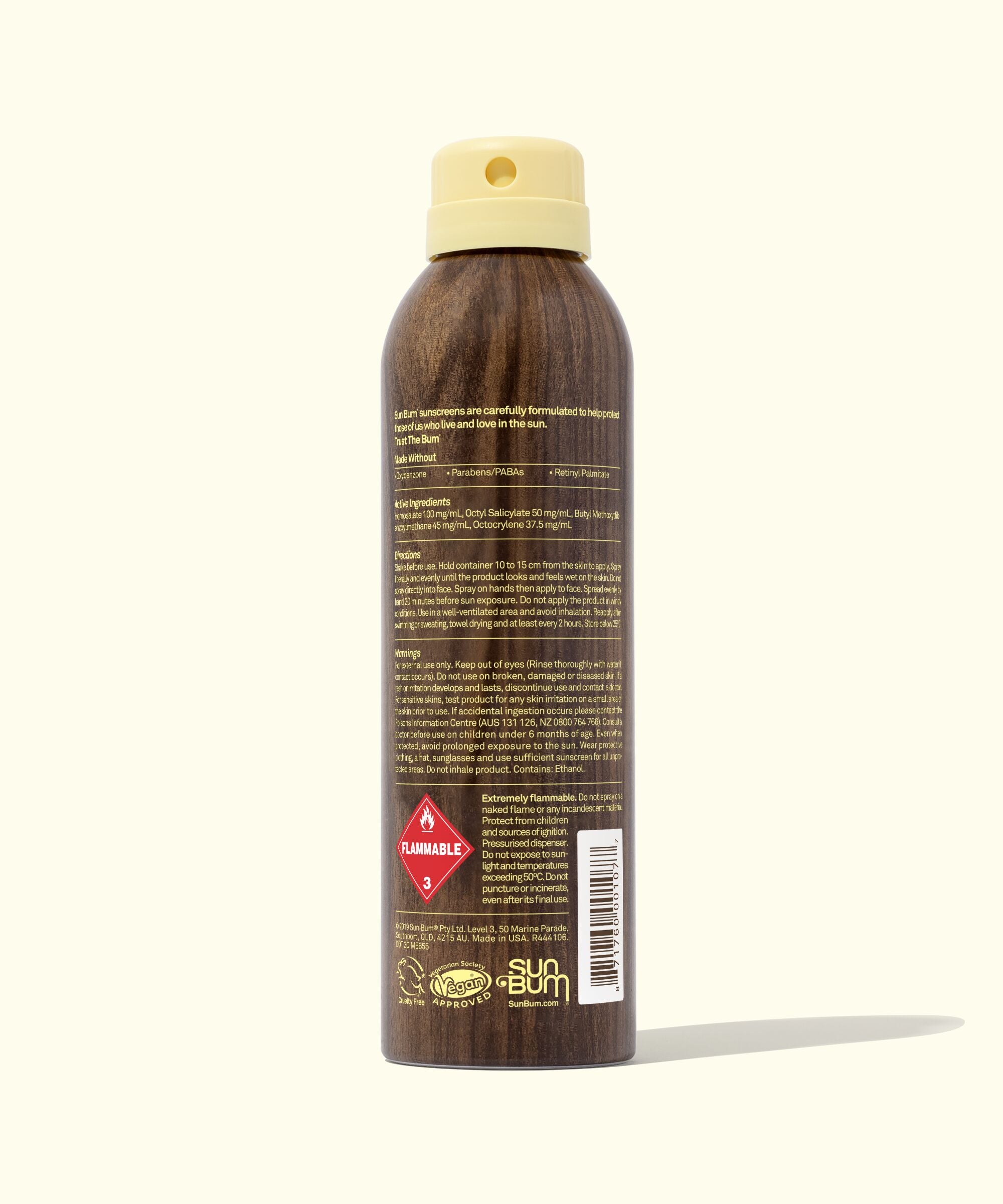 Back view of the Original SPF 30 Sunscreen Spray bottle, showcasing its sleek design and informative labels. The compression technology ensures environmentally friendly use. Sun Bum.