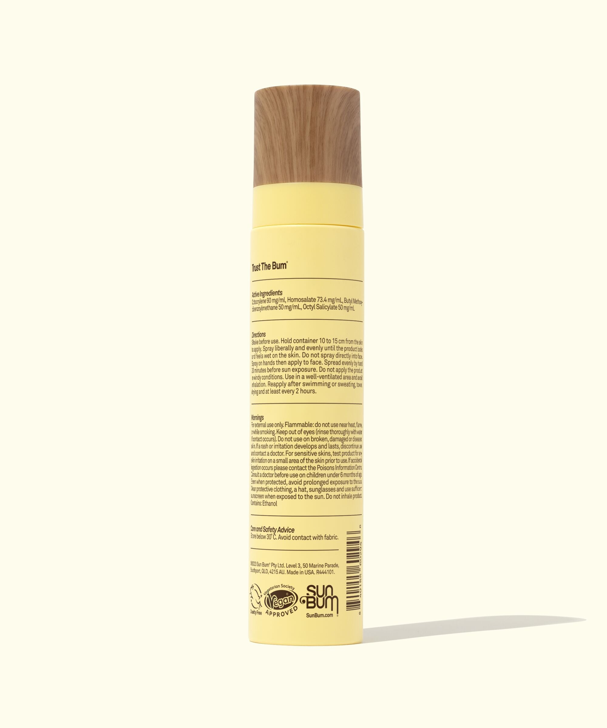 SPF 45 Sunscreen Face Mist with sheer, lightweight sun protection in a yellow bottle with a wooden cap. Sun Bum.