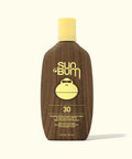 A bottle of Sun Bum Original SPF 30 Sunscreen Lotion with a brown tint and a yellow cap.