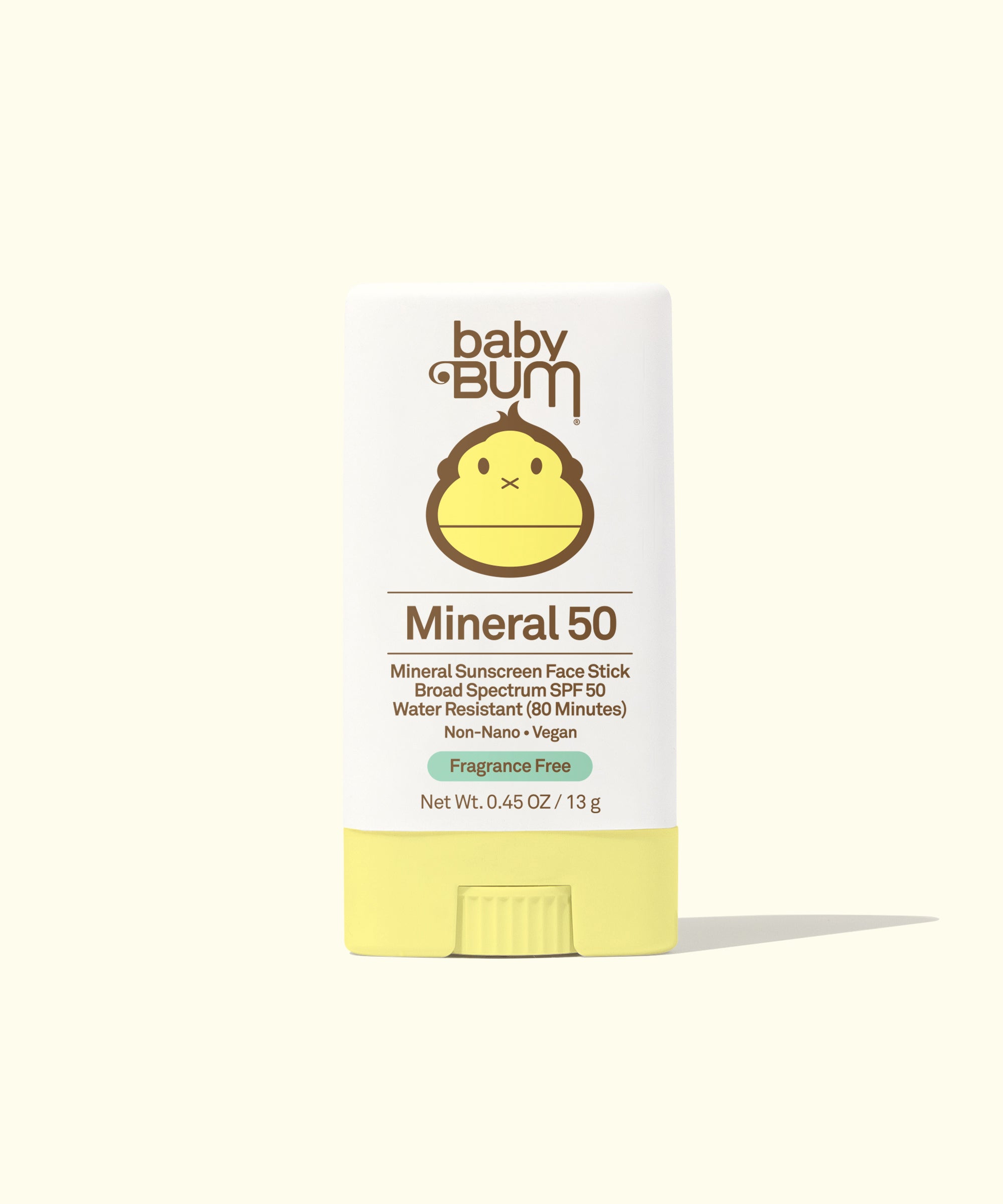 Baby Bum mineral sunscreen face stick with SPF 50 on a white background