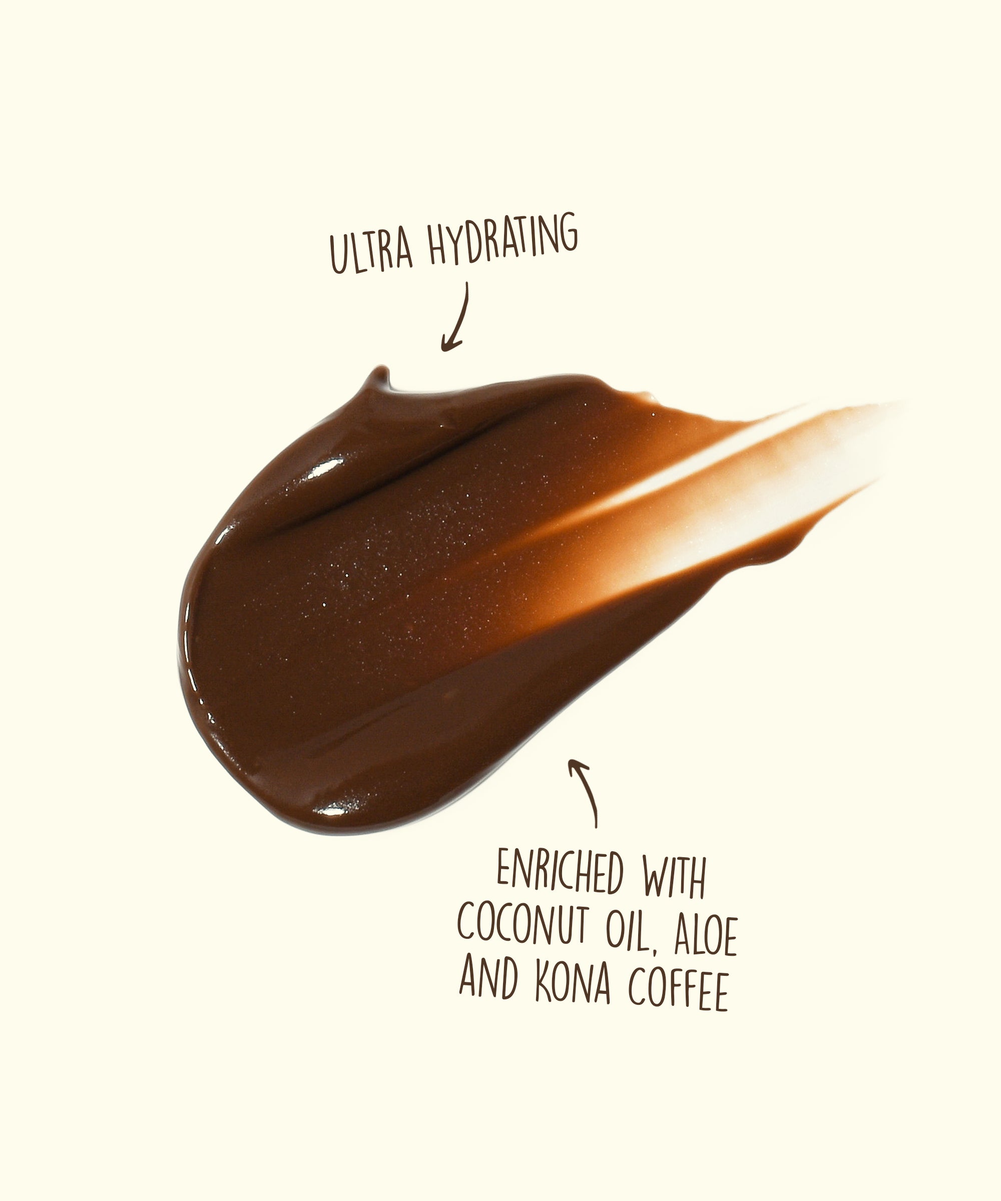 Browning Lotion sample showing rich texture, described as ultra hydrating and enriched with coconut oil, aloe, and Kona coffee. Sun Bum.