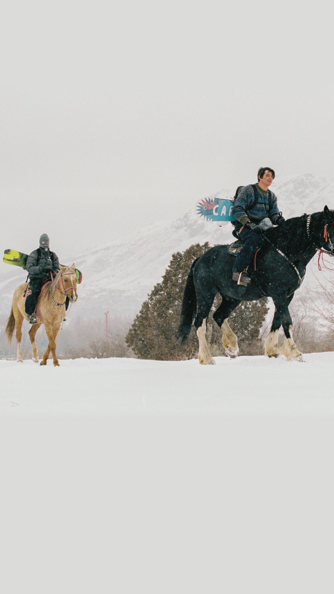 Two people riding horses in a snowy landscape with trees in the background.