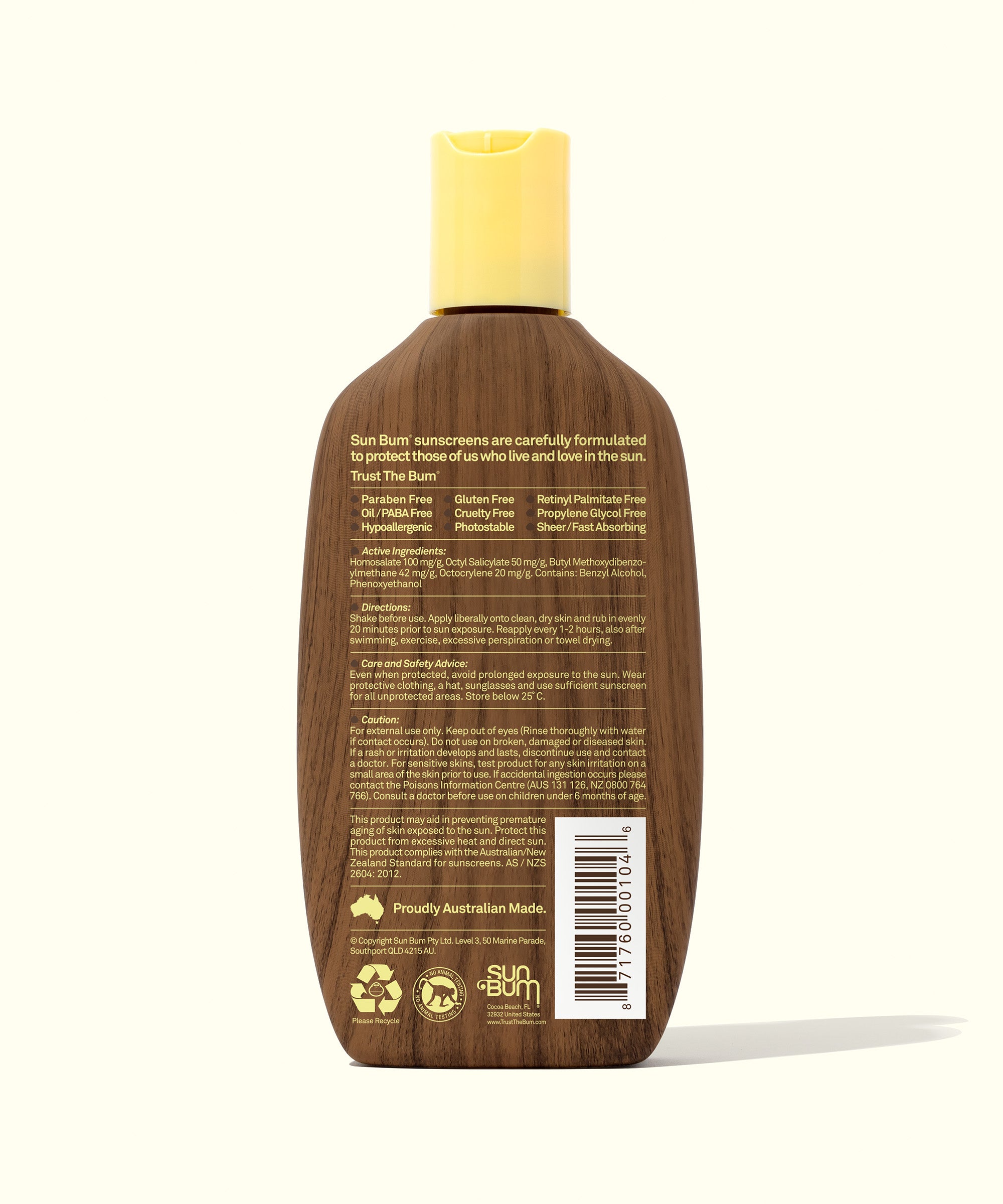 Sunscreen bottle with a focus on the back label on a white background