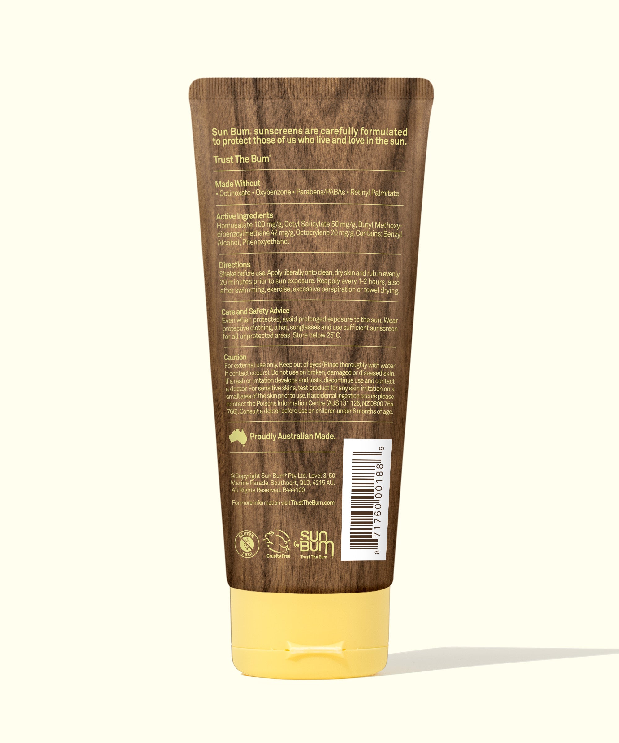 Sun Bum sunscreen tube with text and branding on a white background