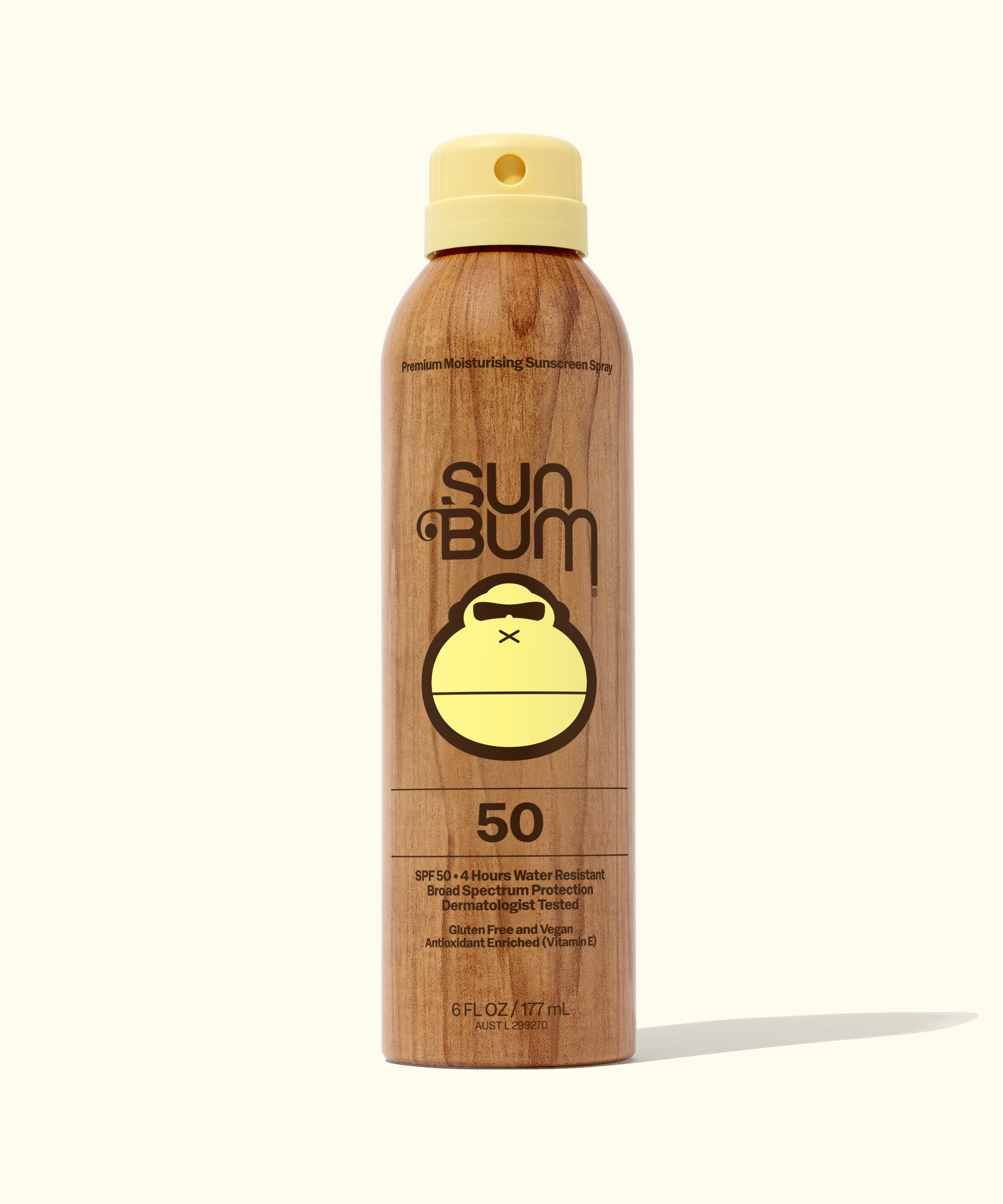 Sun Bum sunscreen spray bottle on a white background