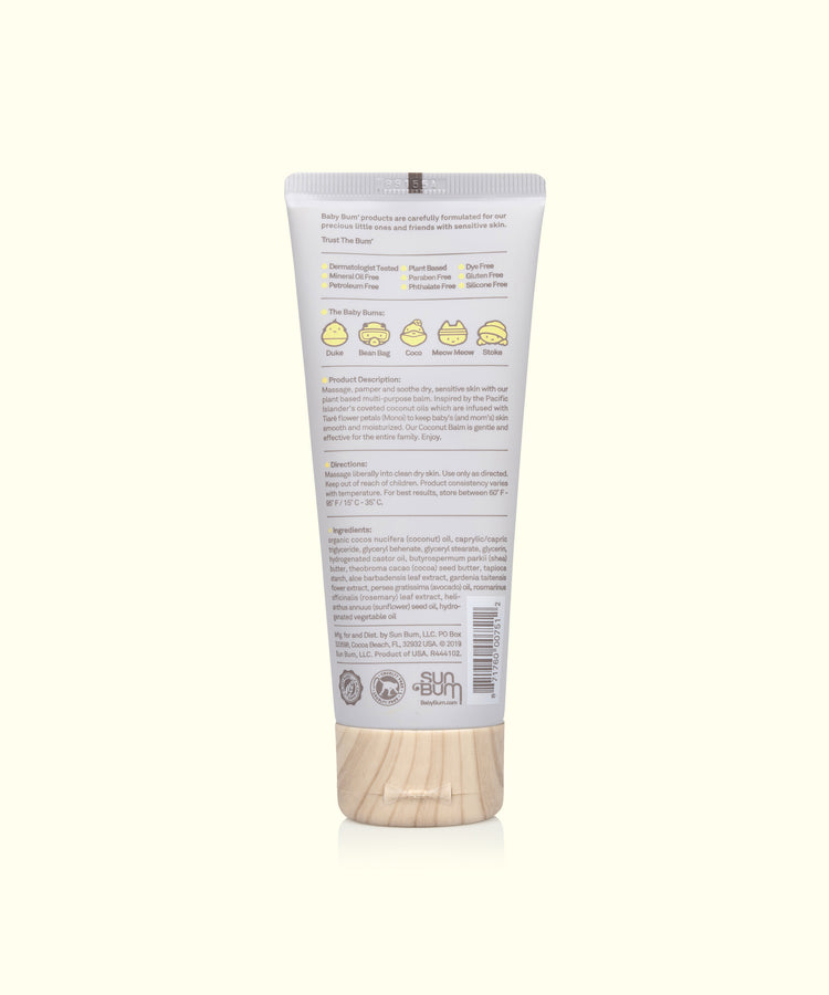 Tube of Baby Bum Natural Monoi Coconut Balm with product details on the label, featuring natural ingredients and benefits for dry, sensitive skin and stretch marks, Baby Bum.