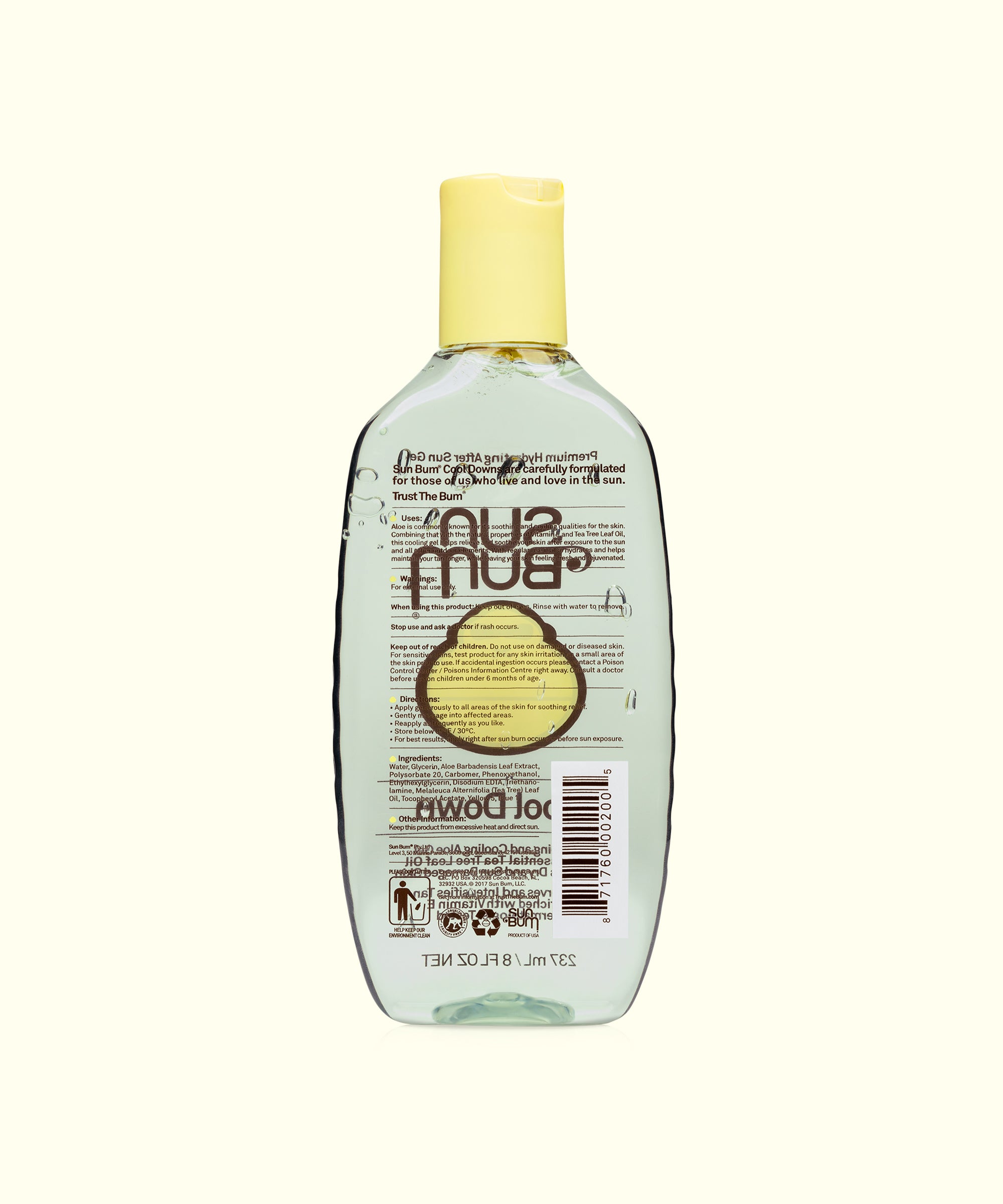 Back view of After Sun Cool Down Gel bottle with yellow cap, featuring soothing Aloe gel for sunburn relief, Sun Bum
