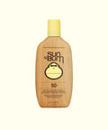 A bottle of Sun Bum Original SPF 50+ Sunscreen Lotion with a beige body and a yellow cap, featuring the Sun Bum logo.