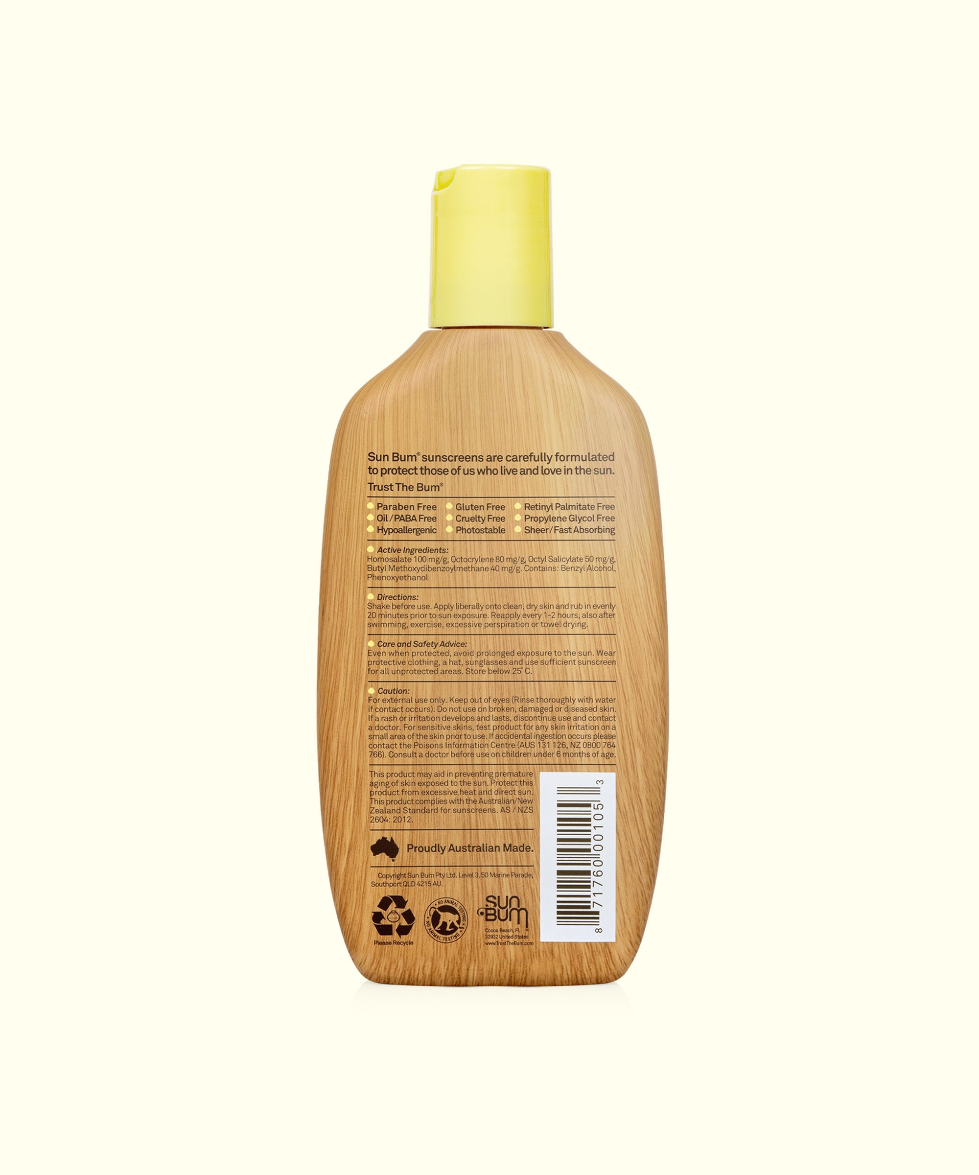 Back view of Original SPF 50 Sunscreen Lotion bottle with wooden texture packaging and yellow cap. Sun Bum,